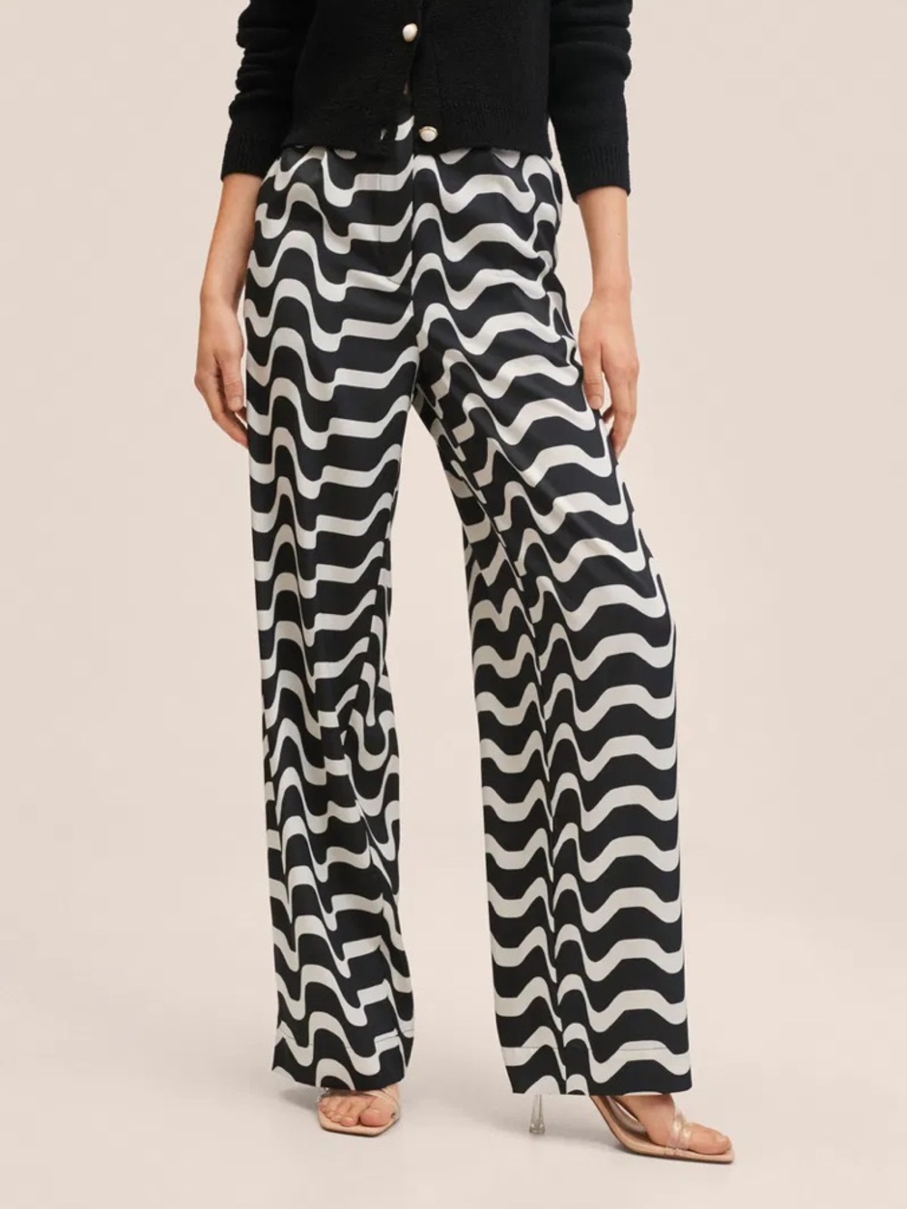 MANGO Black and White Straight Wave Wavy Print Trousers